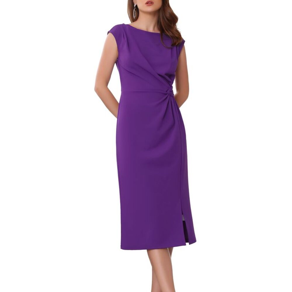 Formal Sheath Ruched Boat Neck Cap Sleeve Elegant Office Dress Purple